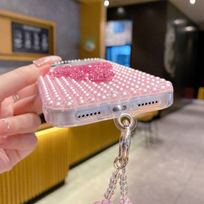 Pink Pearl Bow Mobile Cover with Beaded Strap – Luxury Cute Bling Case