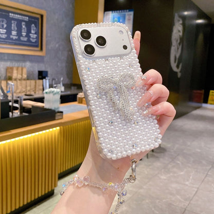 Pink Pearl Bow Mobile Cover with Beaded Strap – Luxury Cute Bling Case