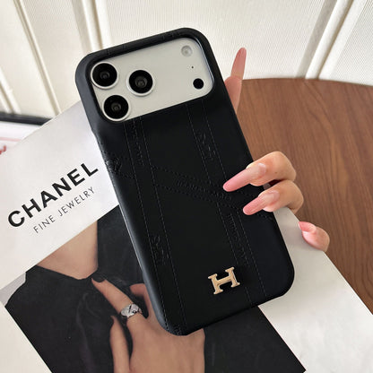 Premium Black Leather Mobile Cover – Luxury Minimal Case with Metal Logo