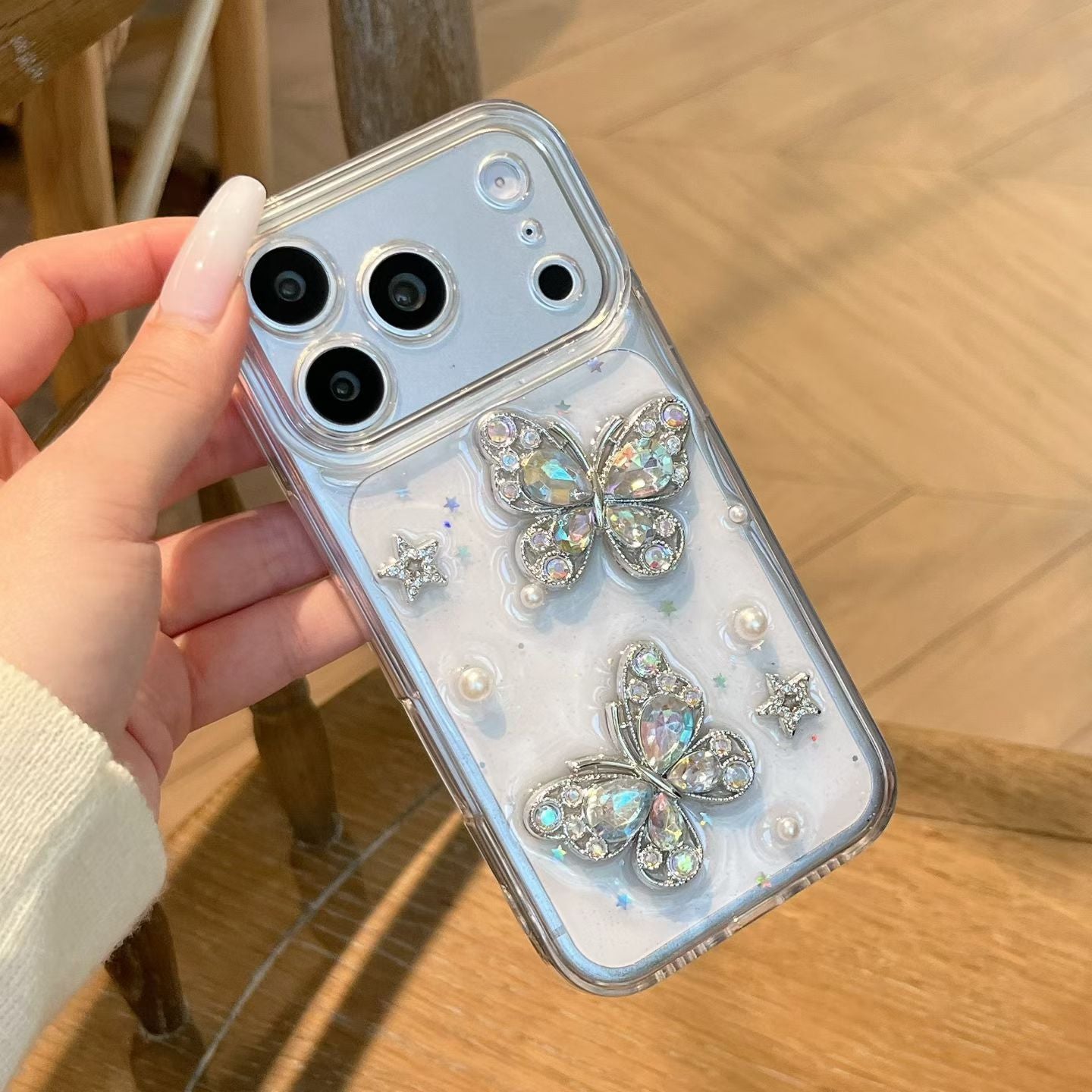 Crystal Butterfly Transparent Mobile Cover – Luxury Pearl Glitter Case