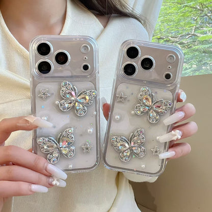 Crystal Butterfly Transparent Mobile Cover – Luxury Pearl Glitter Case