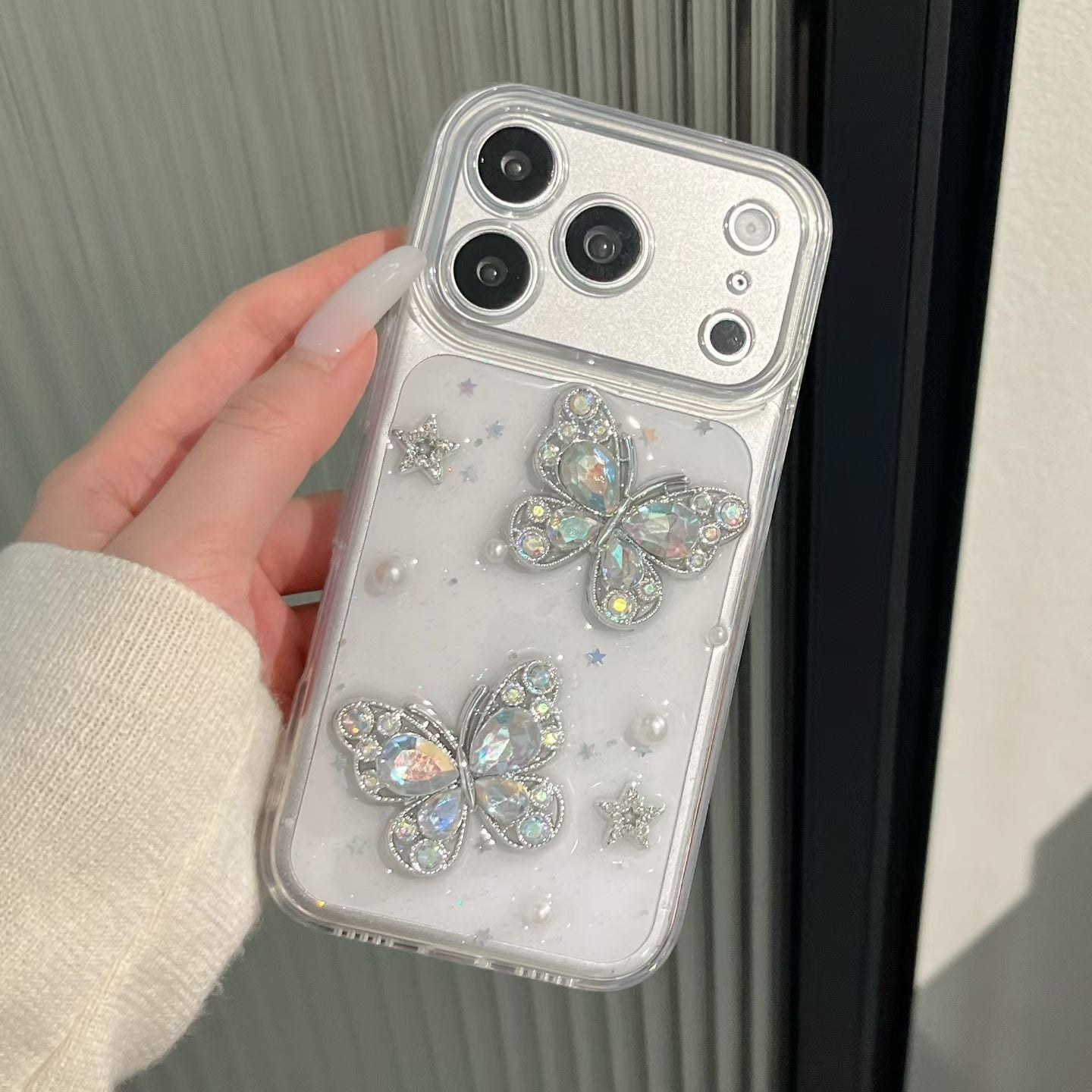 Crystal Butterfly Transparent Mobile Cover – Luxury Pearl Glitter Case
