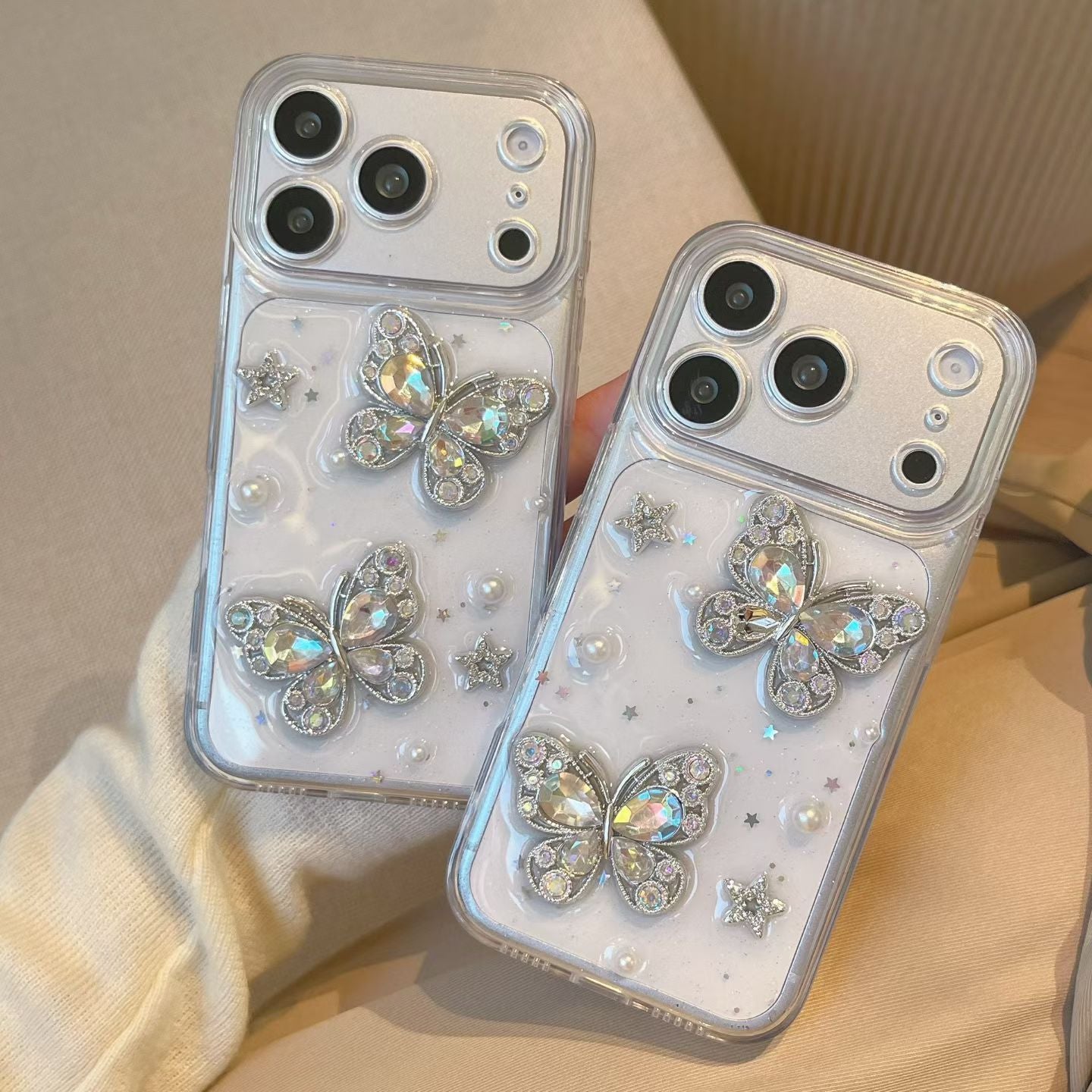 Crystal Butterfly Transparent Mobile Cover – Luxury Pearl Glitter Case