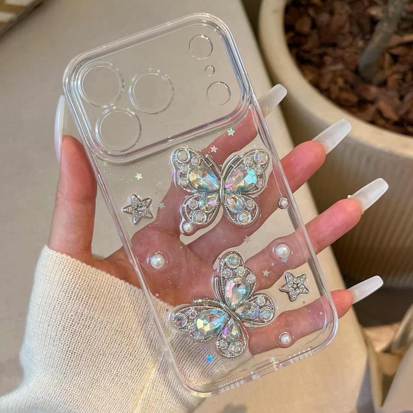 Crystal Butterfly Transparent Mobile Cover – Luxury Pearl Glitter Case