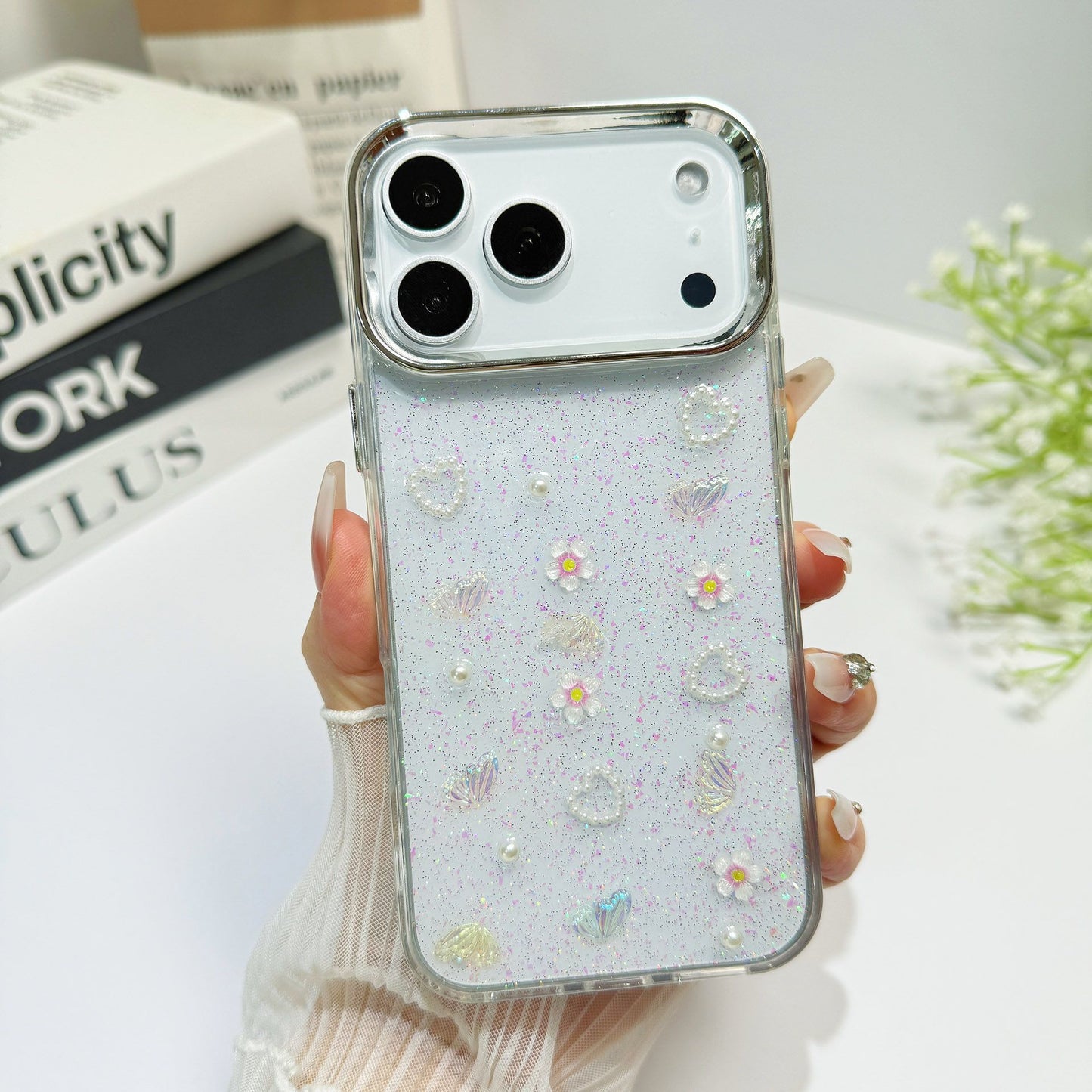 Transparent Glitter Charm Mobile Cover – Butterfly Pearl Aesthetic Case