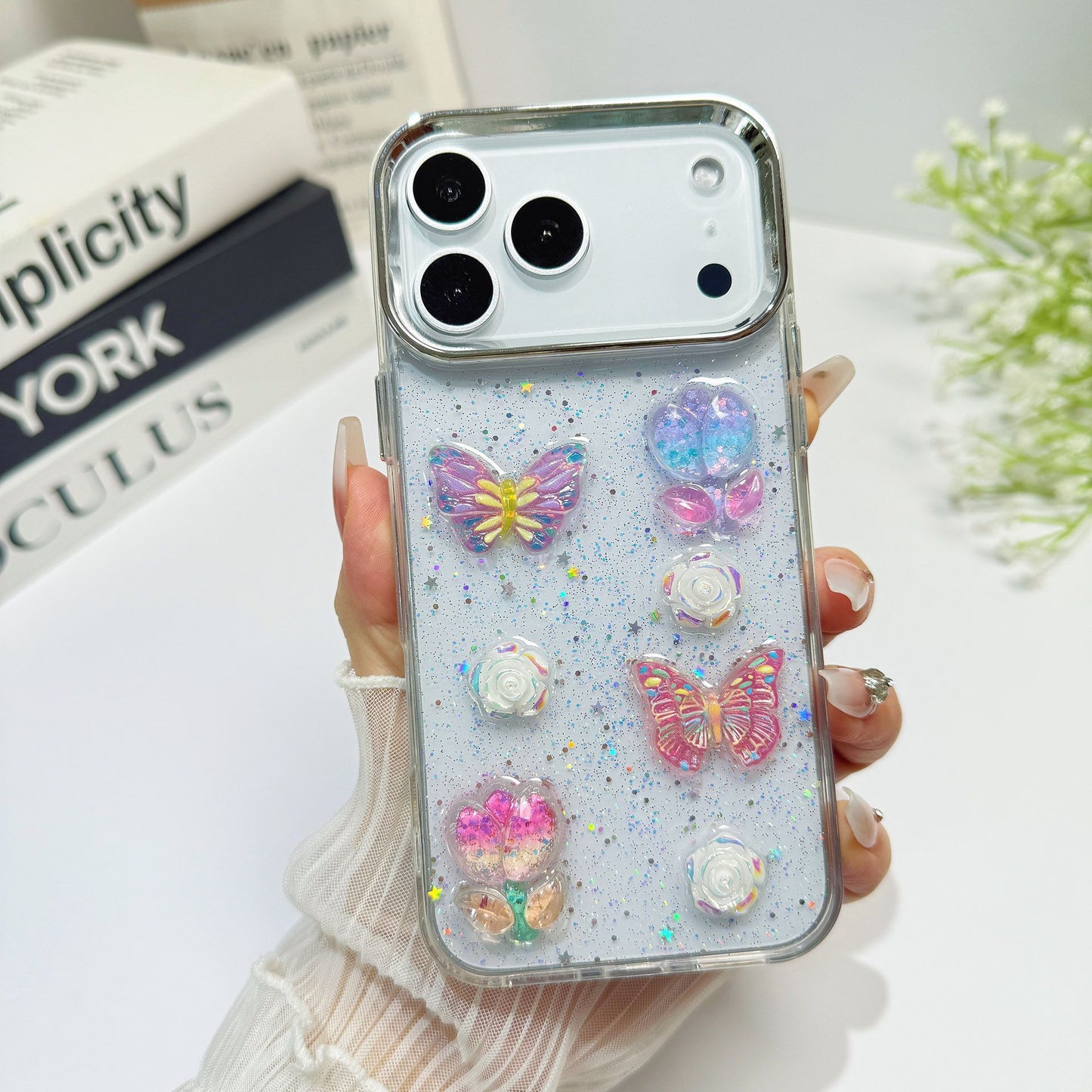 Transparent Glitter Charm Mobile Cover – Butterfly Pearl Aesthetic Case