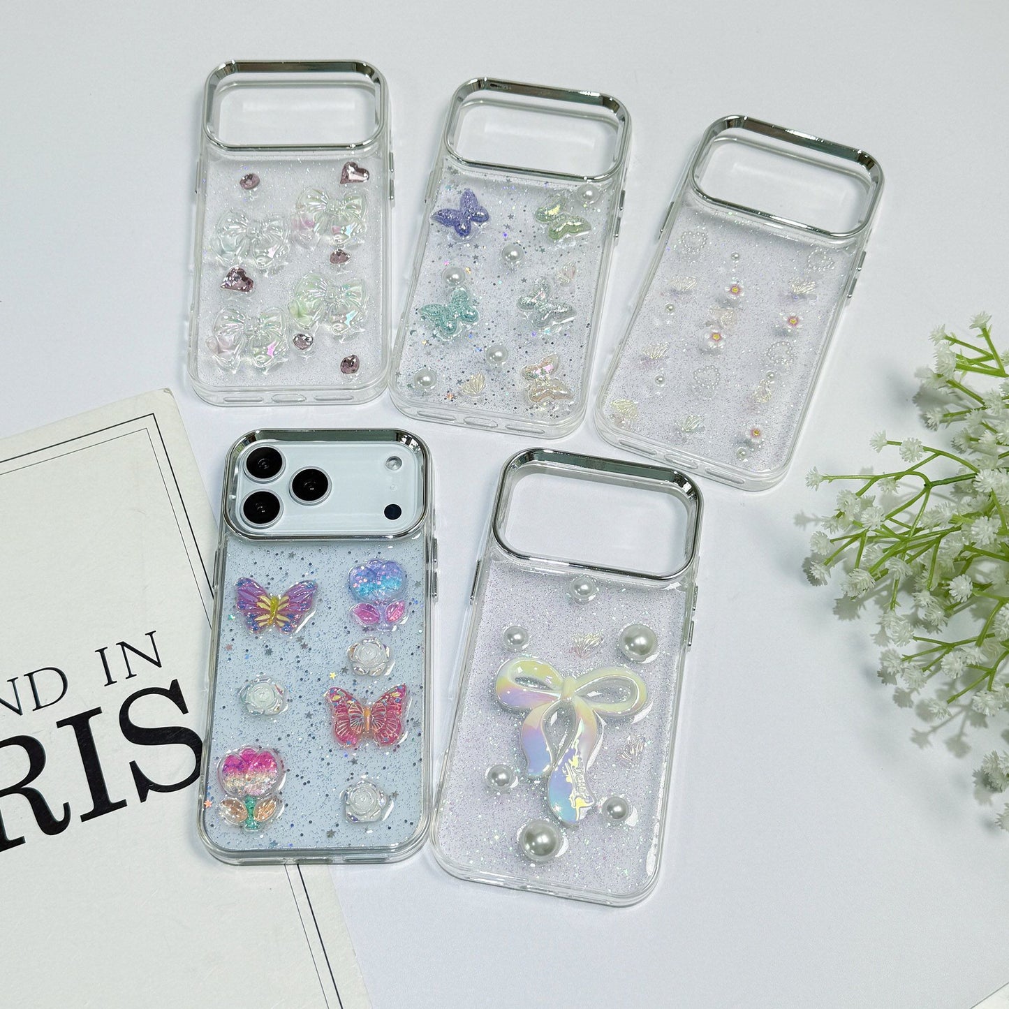 Transparent Glitter Charm Mobile Cover – Butterfly Pearl Aesthetic Case