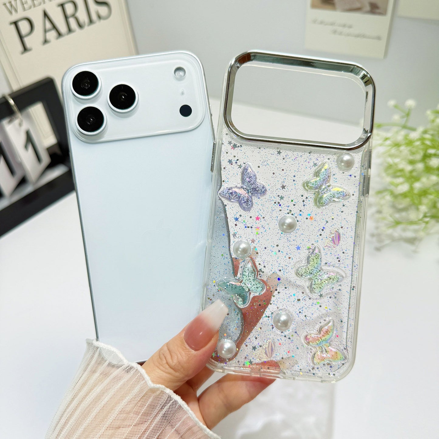Transparent Glitter Charm Mobile Cover – Butterfly Pearl Aesthetic Case