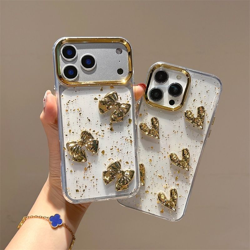 Luxury Gold Bow Transparent Mobile Cover – Glitter Foil Aesthetic Case