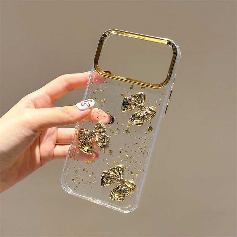 Luxury Gold Bow Transparent Mobile Cover – Glitter Foil Aesthetic Case