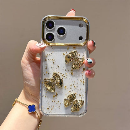 Luxury Gold Bow Transparent Mobile Cover – Glitter Foil Aesthetic Case