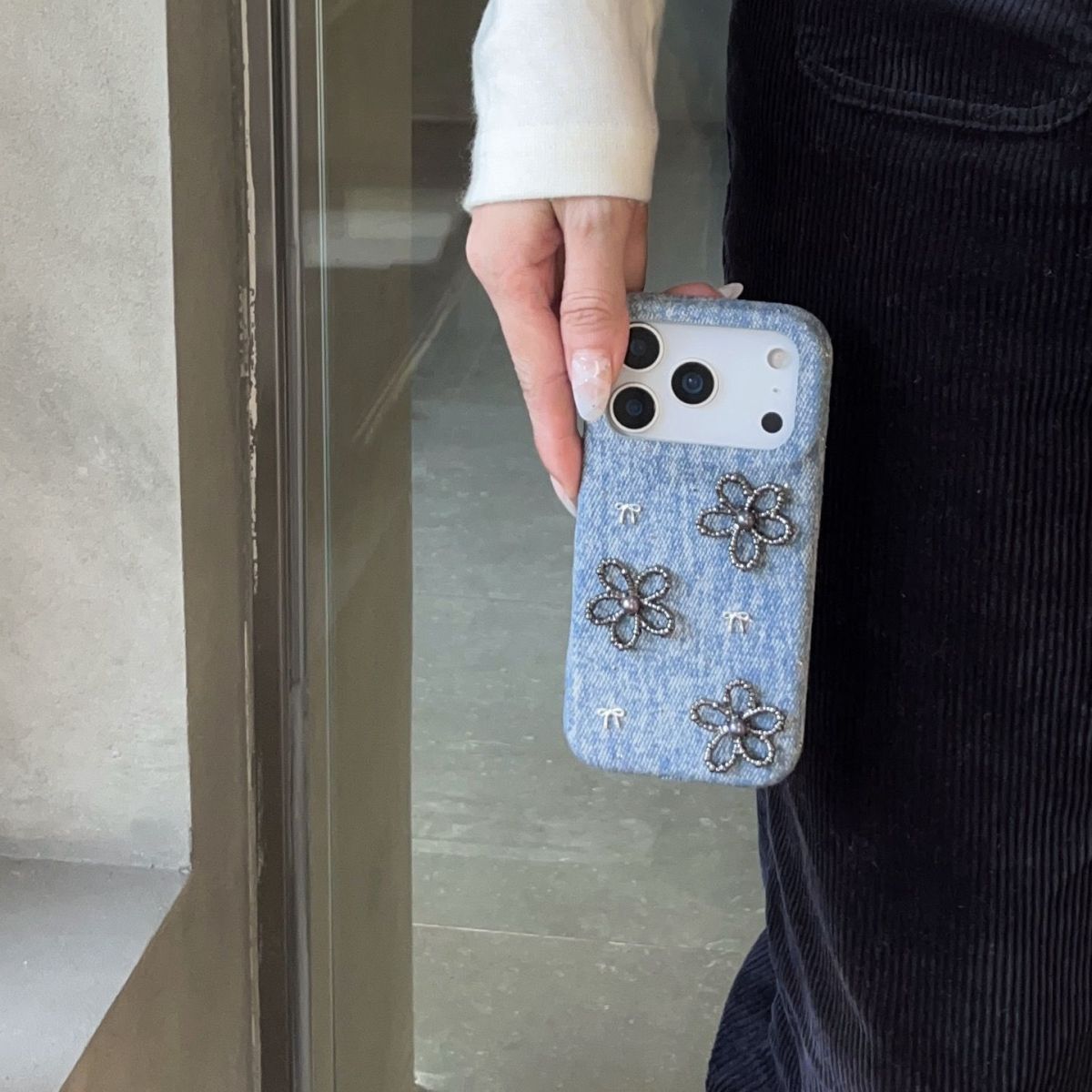 Denim Style Mobile Cover – Floral Embroidery Aesthetic Case