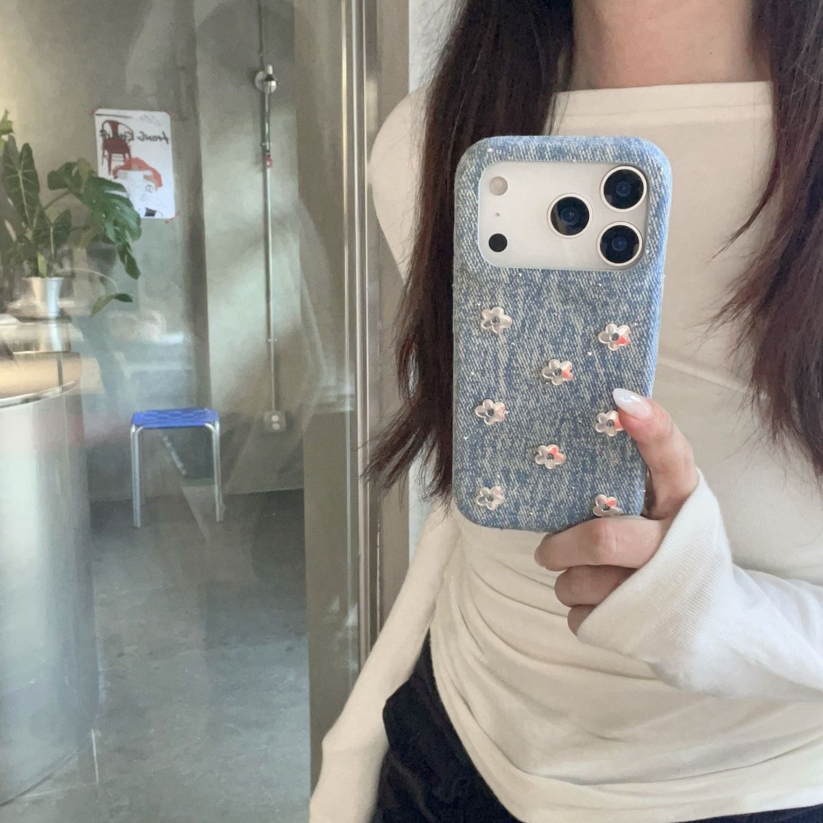 Denim Style Mobile Cover – Floral Embroidery Aesthetic Case