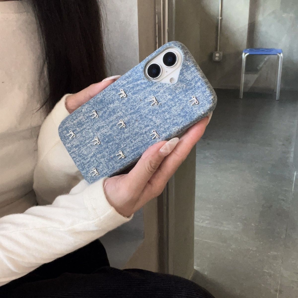 Denim Style Mobile Cover – Floral Embroidery Aesthetic Case
