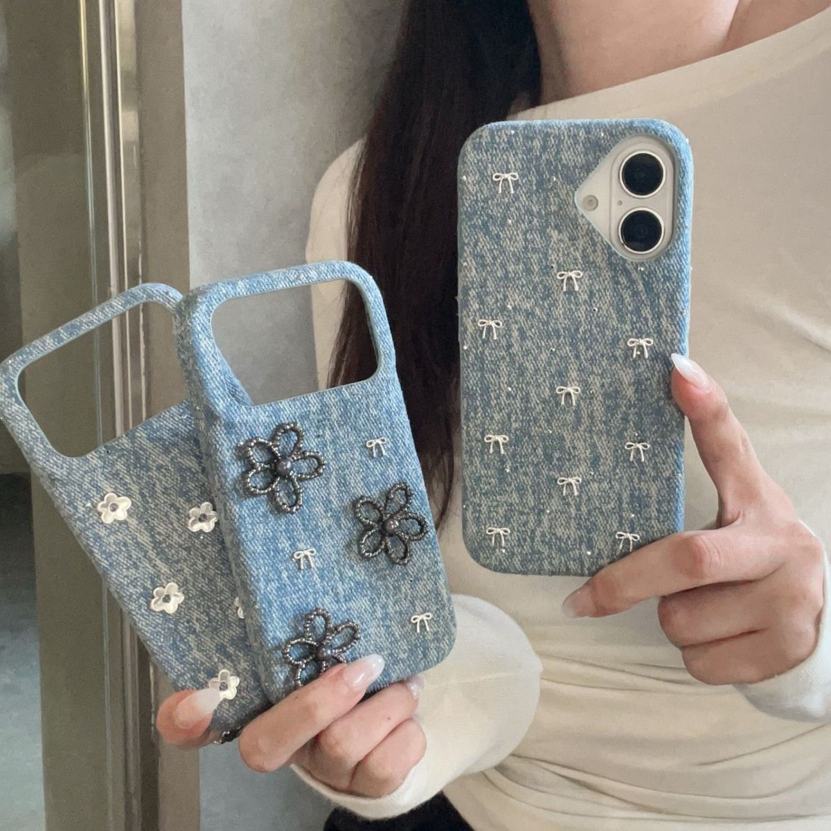 Denim Style Mobile Cover – Floral Embroidery Aesthetic Case