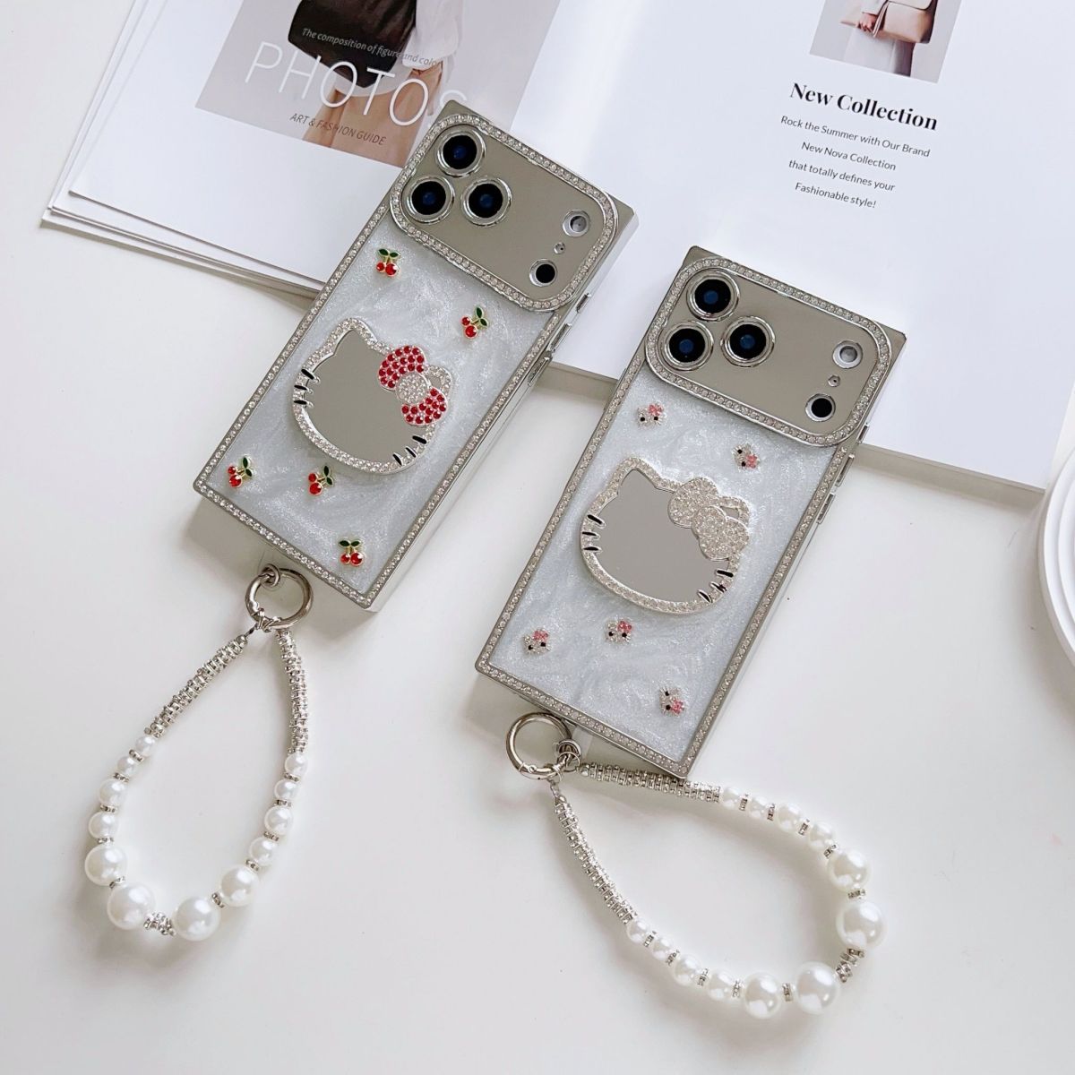 Luxury Cute Kitty Pearl Phone Cover with Wrist Strap – Rhinestone Cherry Designer Case