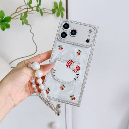 Luxury Cute Kitty Pearl Phone Cover with Wrist Strap – Rhinestone Cherry Designer Case