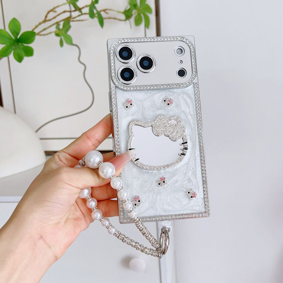 Luxury Cute Kitty Pearl Phone Cover with Wrist Strap – Rhinestone Cherry Designer Case