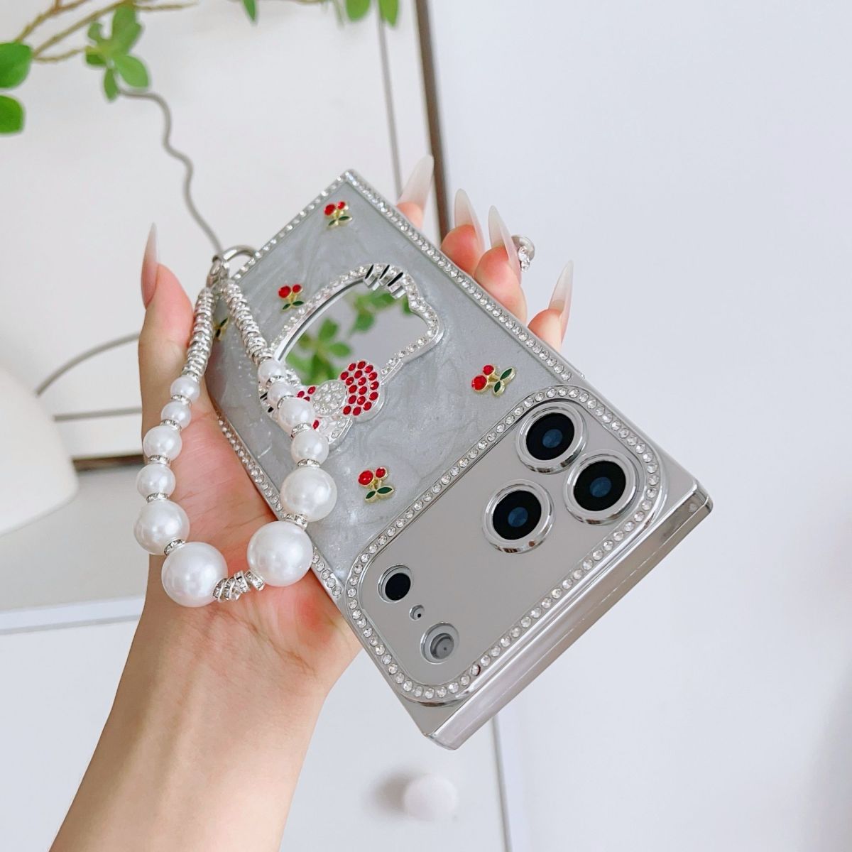 Luxury Cute Kitty Pearl Phone Cover with Wrist Strap – Rhinestone Cherry Designer Case