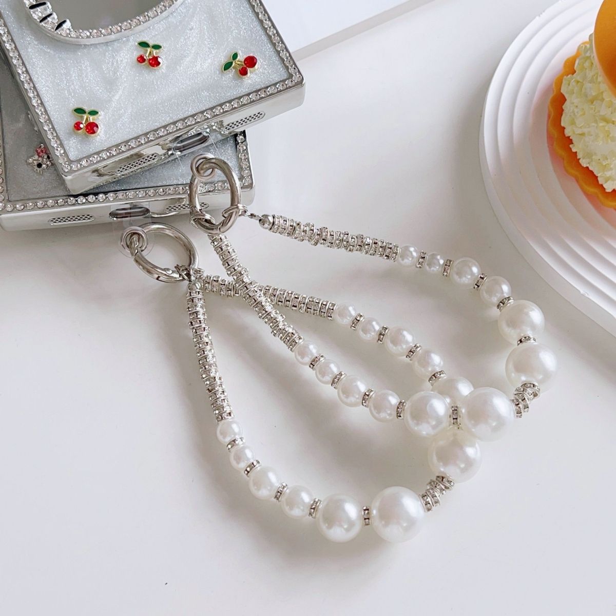 Luxury Cute Kitty Pearl Phone Cover with Wrist Strap – Rhinestone Cherry Designer Case