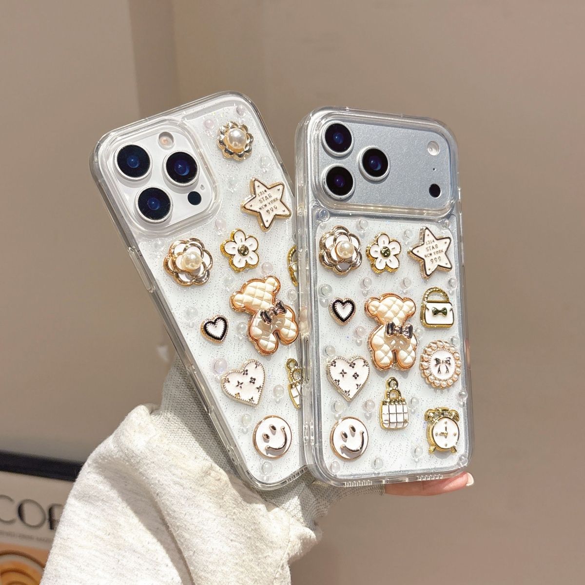Luxury Pearl Charm Transparent Phone Cover – Cute Teddy & Floral Designer Case