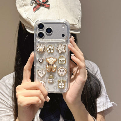 Luxury Pearl Charm Transparent Phone Cover – Cute Teddy & Floral Designer Case