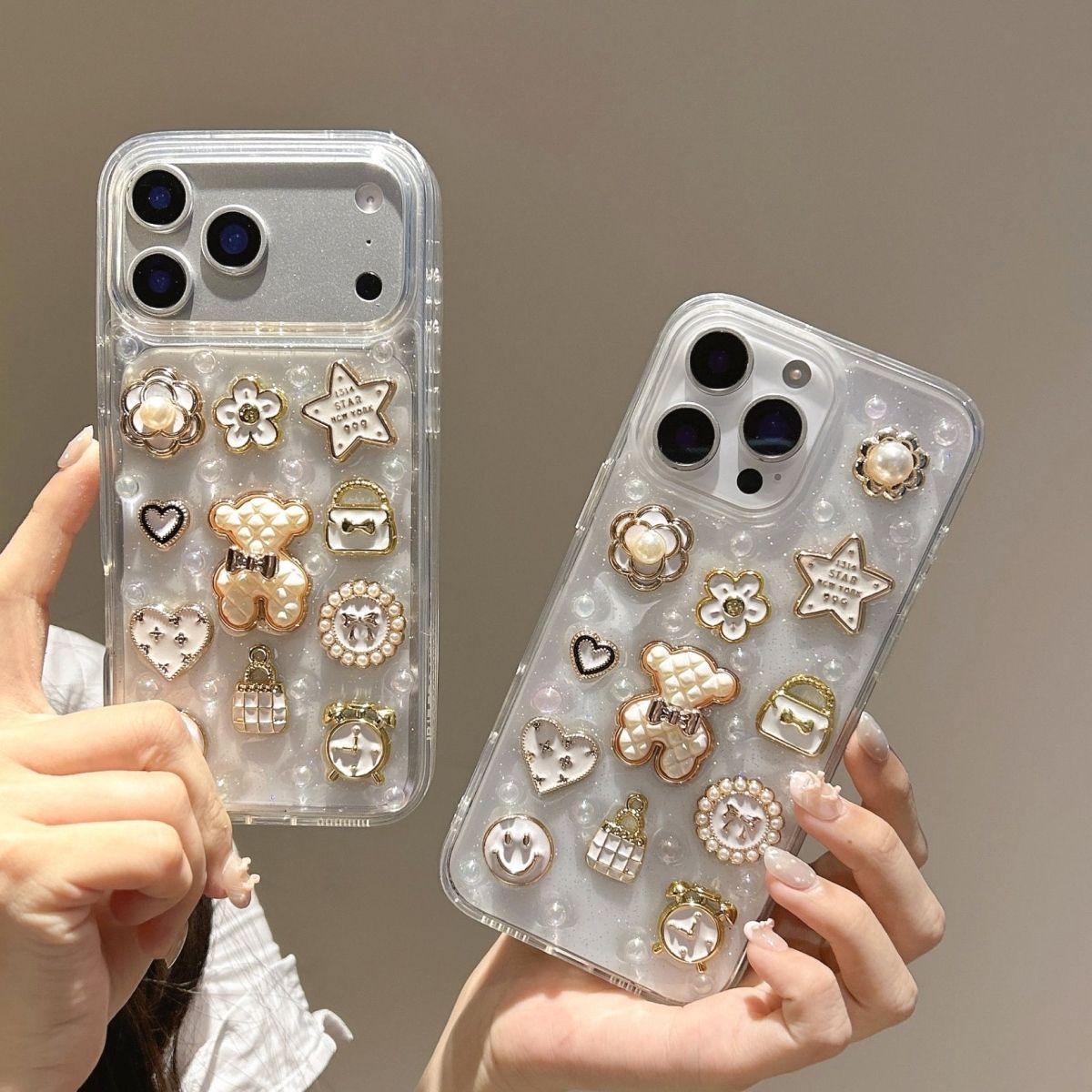 Luxury Pearl Charm Transparent Phone Cover – Cute Teddy & Floral Designer Case