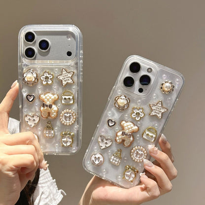 Luxury Pearl Charm Transparent Phone Cover – Cute Teddy & Floral Designer Case