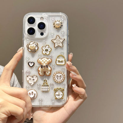Luxury Pearl Charm Transparent Phone Cover – Cute Teddy & Floral Designer Case