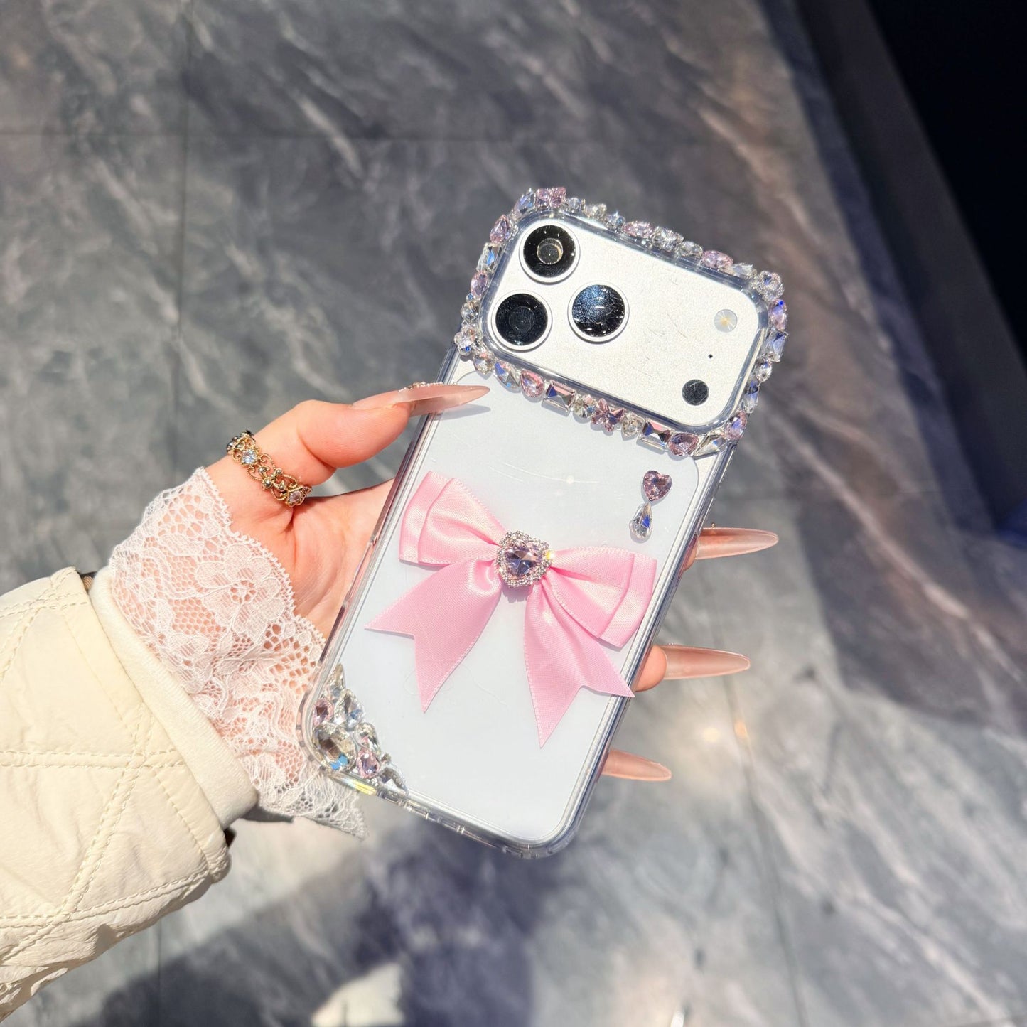 Luxury Pink Bow Rhinestone Phone Cover – Cute Crystal Designer Case