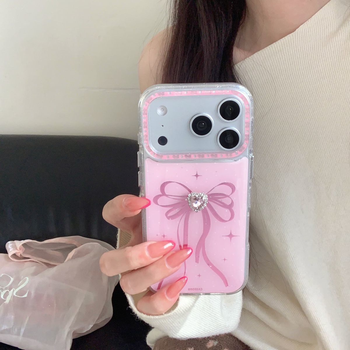 Cute Pink Bow Glitter Phone Cover – Heart Crystal Aesthetic Designer Case