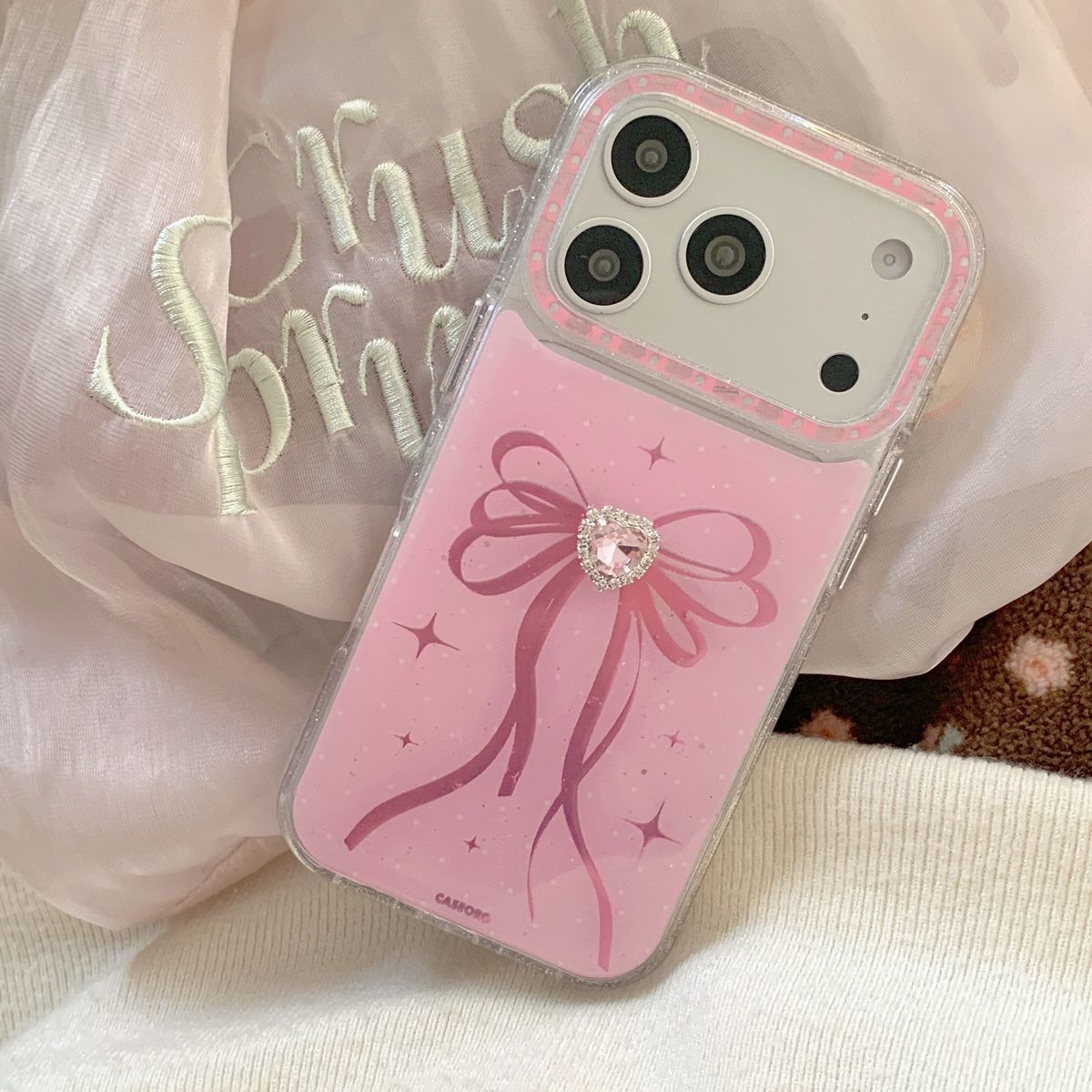 Cute Pink Bow Glitter Phone Cover – Heart Crystal Aesthetic Designer Case