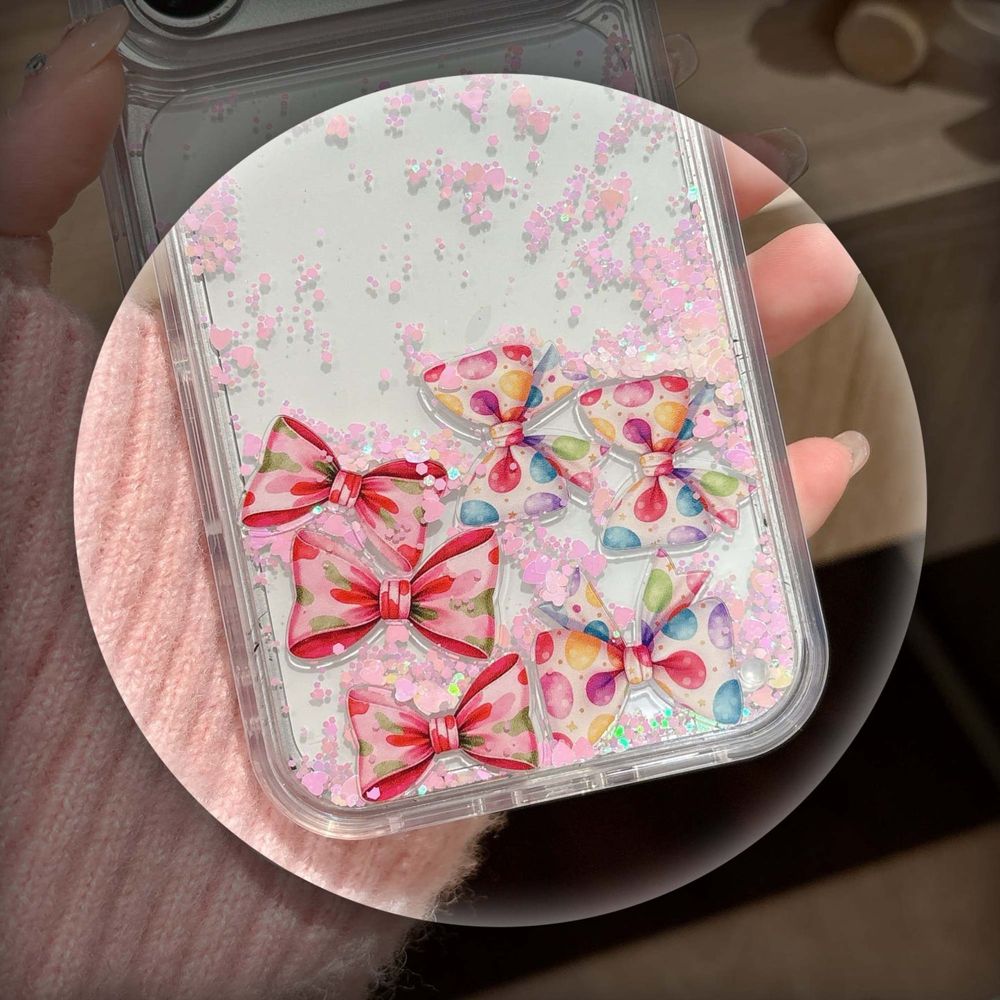 Cute Candy Bow Glitter Phone Cover – Aesthetic Transparent Designer Case
