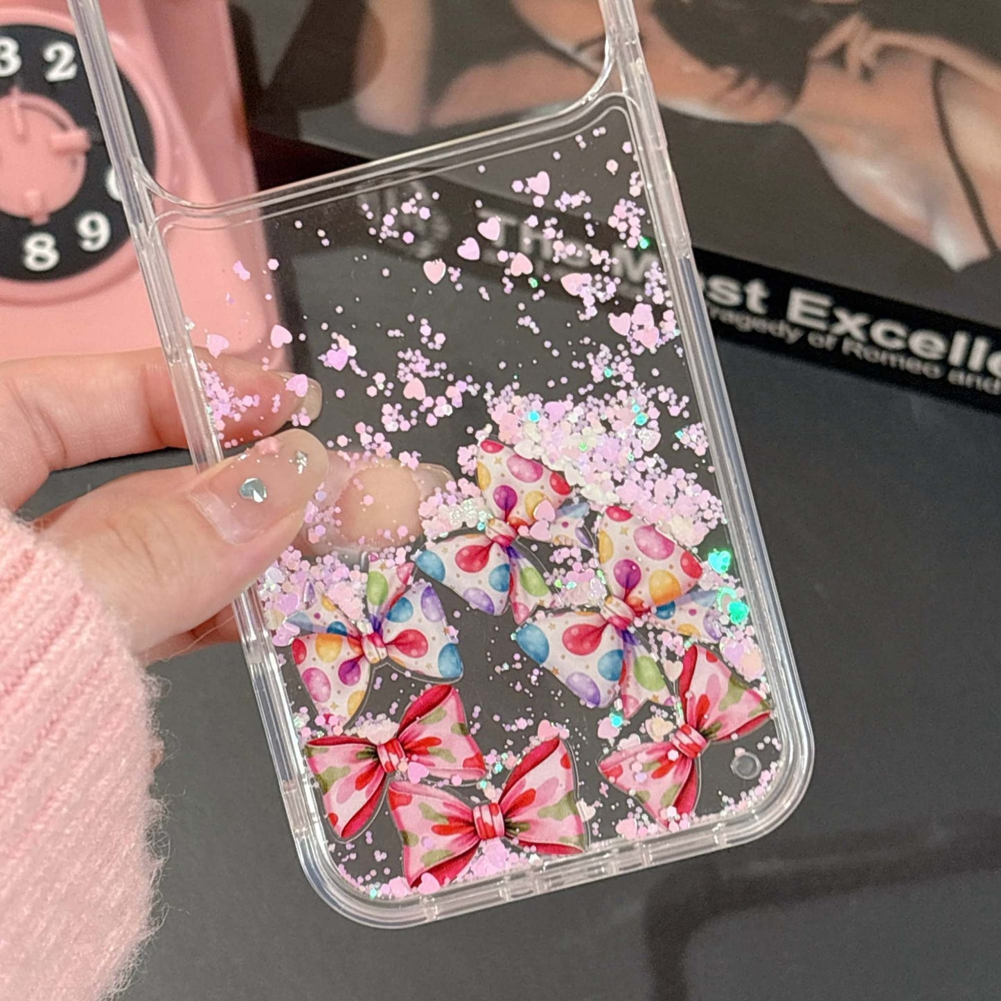 Cute Candy Bow Glitter Phone Cover – Aesthetic Transparent Designer Case