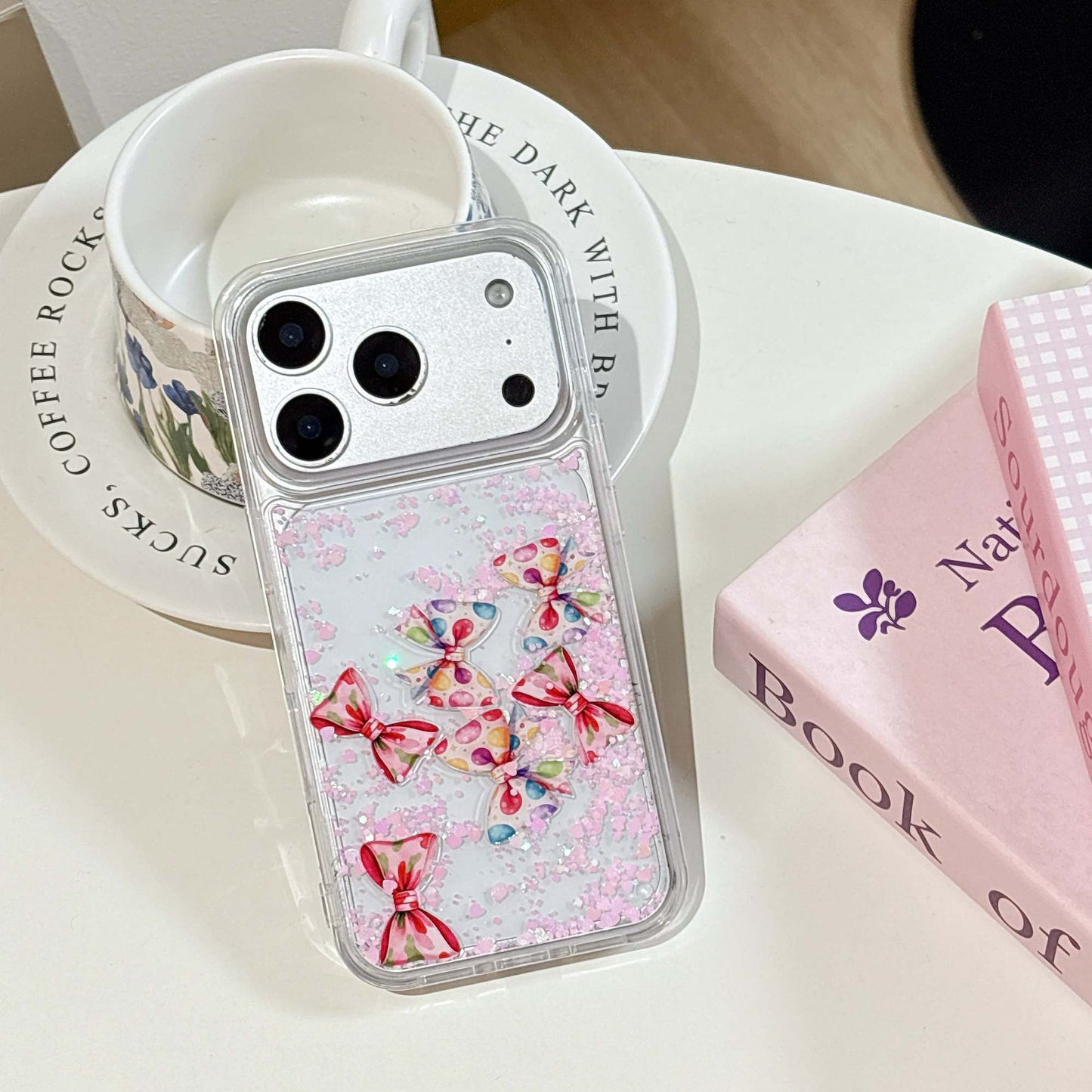 Cute Candy Bow Glitter Phone Cover – Aesthetic Transparent Designer Case