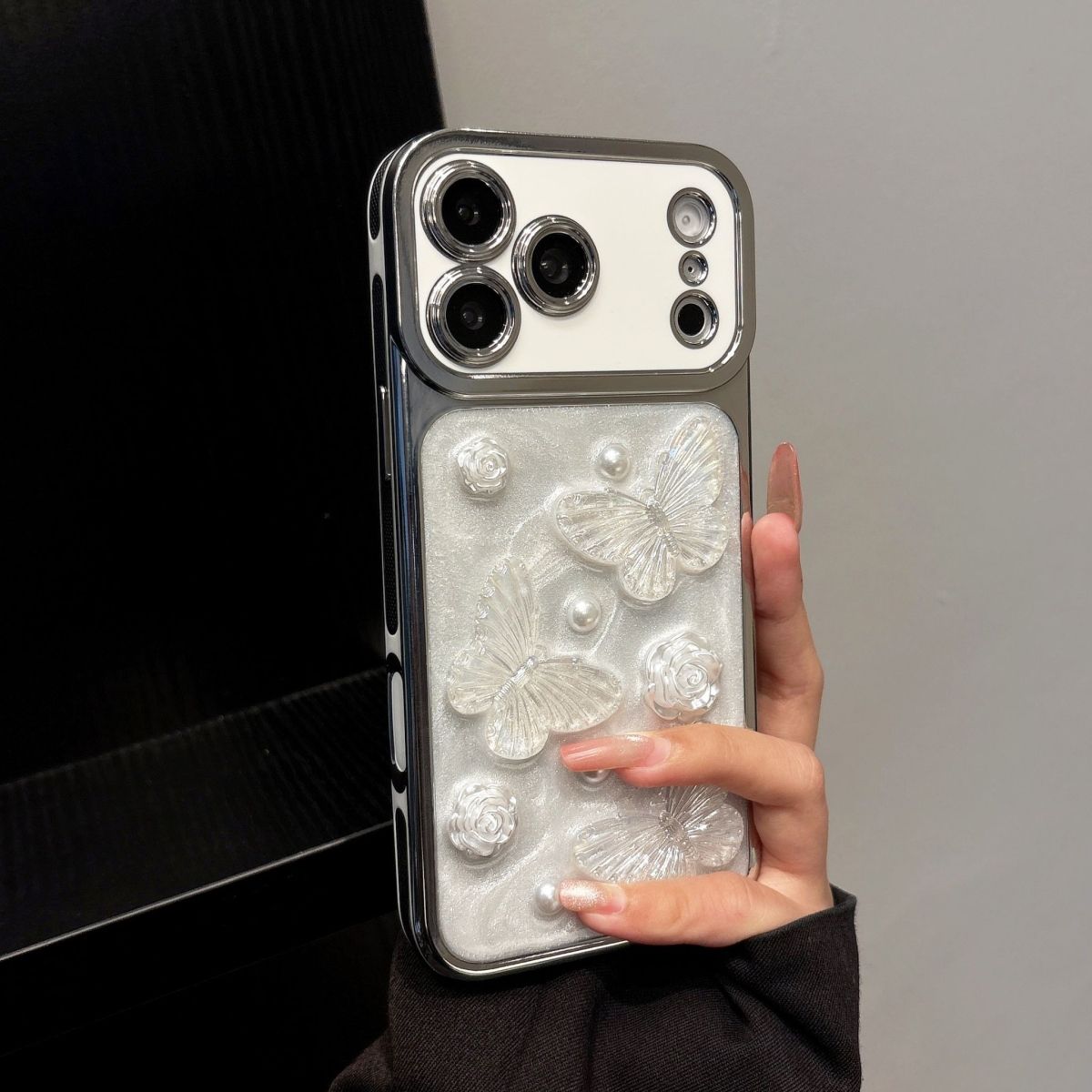 Luxury Pearl Butterfly Phone Cover – Silver Aesthetic Designer Case