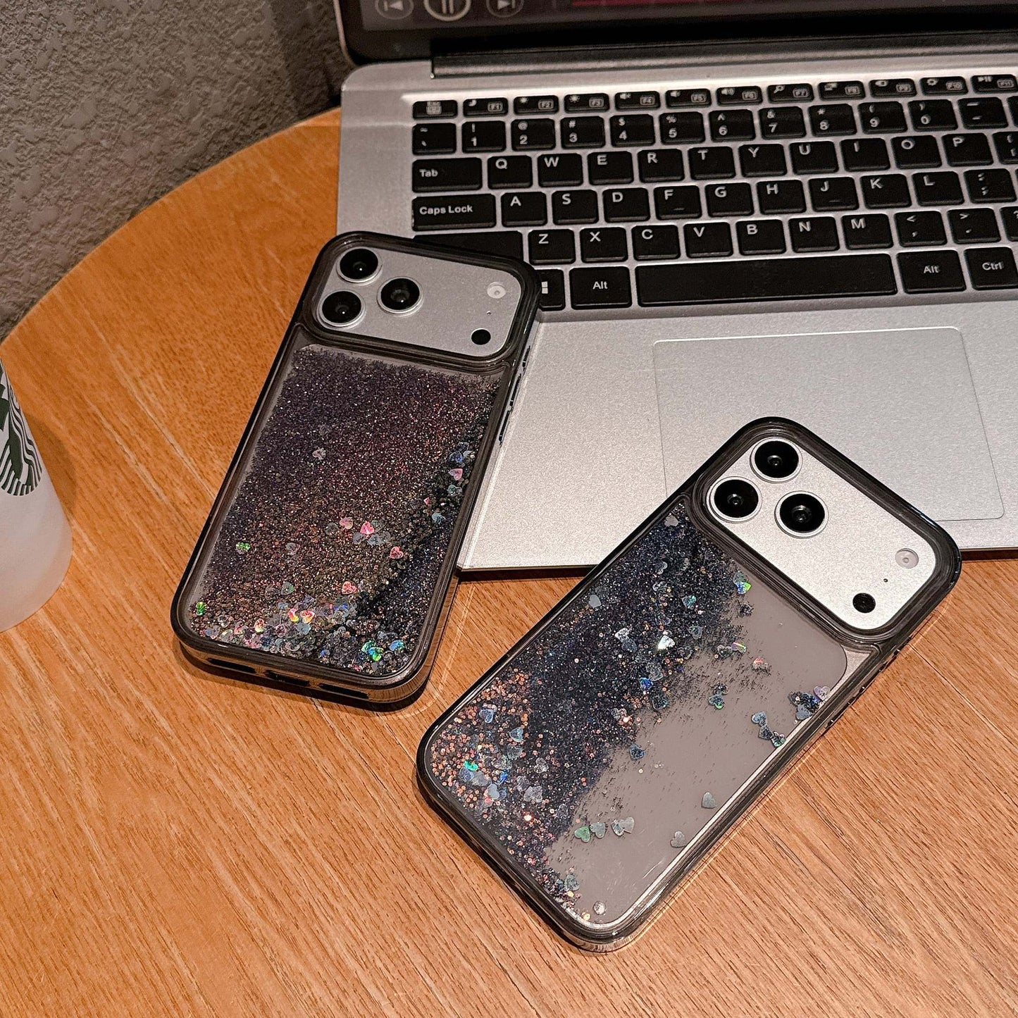 Black Glitter Liquid Phone Cover – Shiny Heart Aesthetic Designer Case