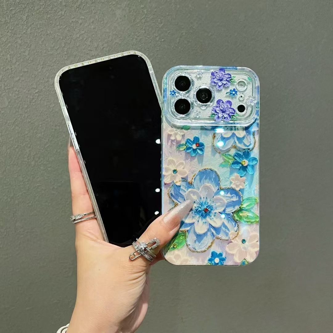 Blue Floral Crystal Designer Phone Cover – Premium Aesthetic Flower Case