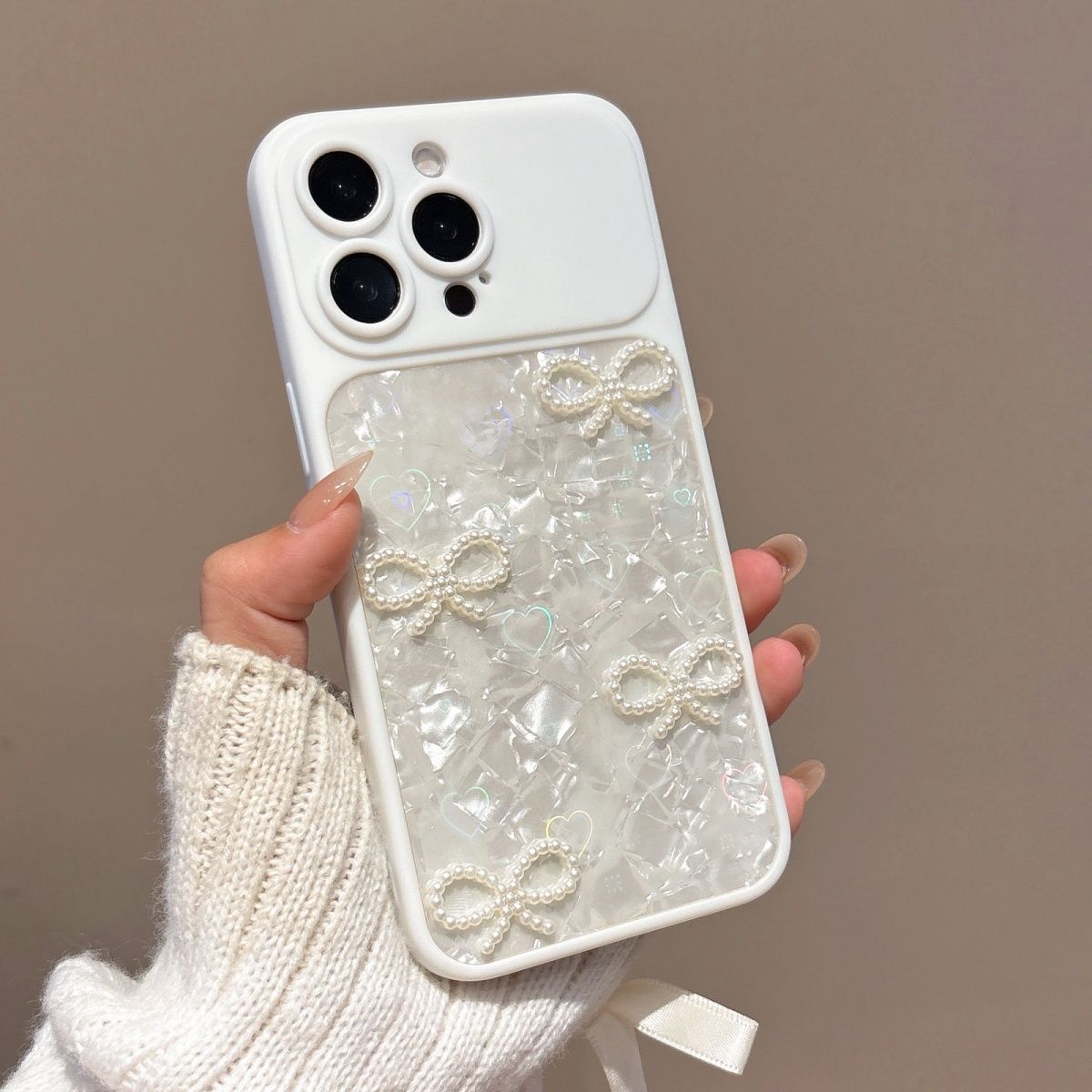 Pearl Bow Glitter Phone Cover – Luxury Heart Aesthetic Designer Case