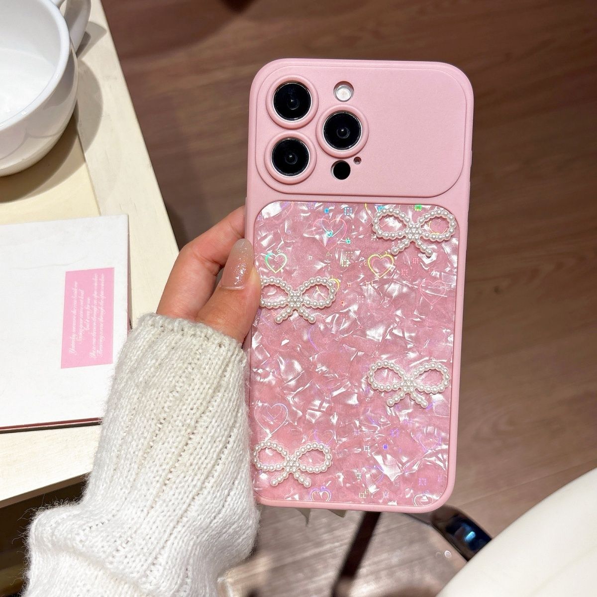 Pearl Bow Glitter Phone Cover – Luxury Heart Aesthetic Designer Case