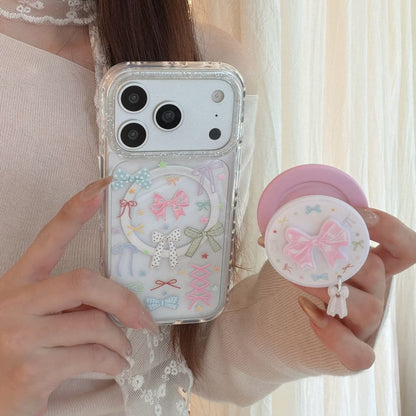 Cute Bow Aesthetic Phone Cover with Grip – Pastel Transparent Designer Case