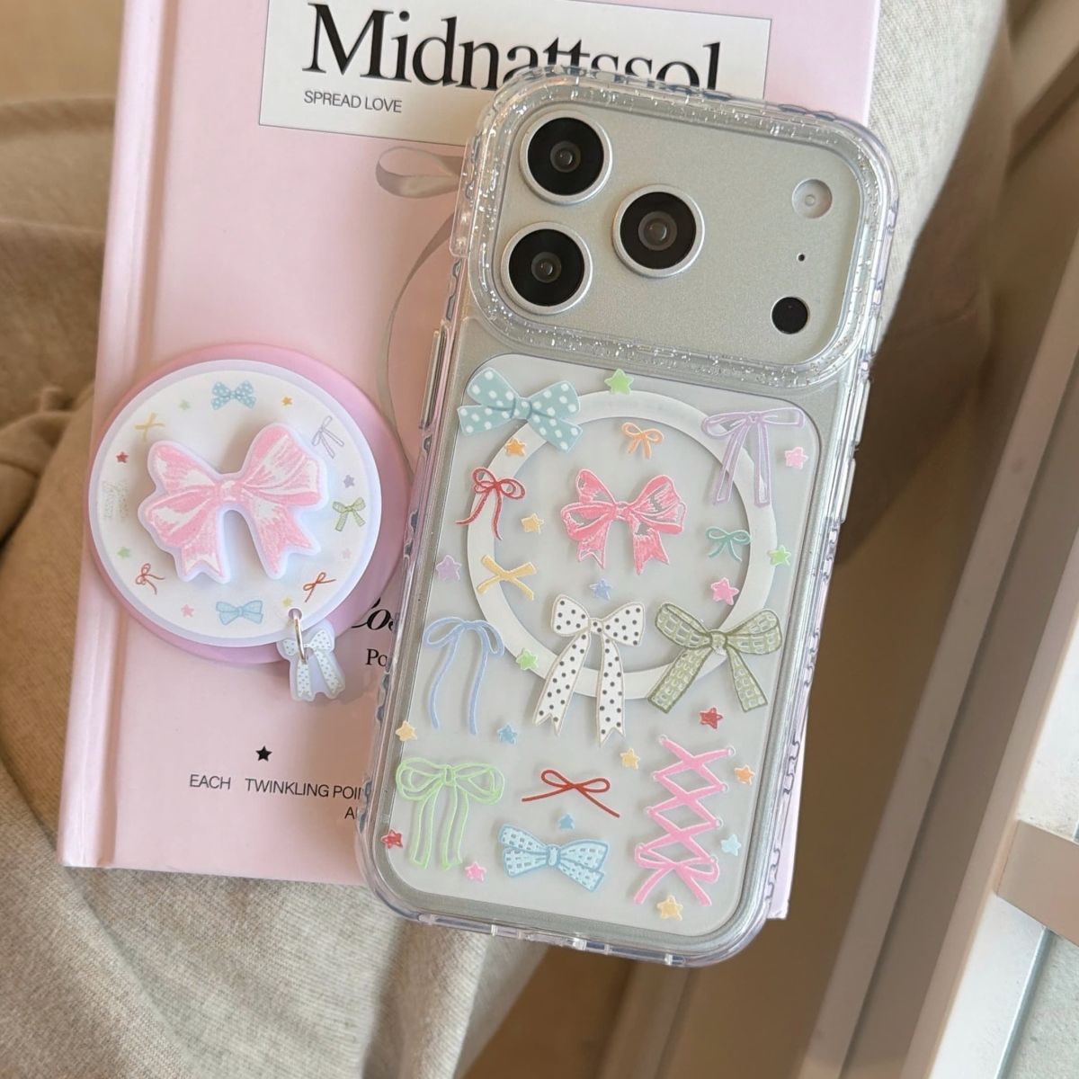 Cute Bow Aesthetic Phone Cover with Grip – Pastel Transparent Designer Case