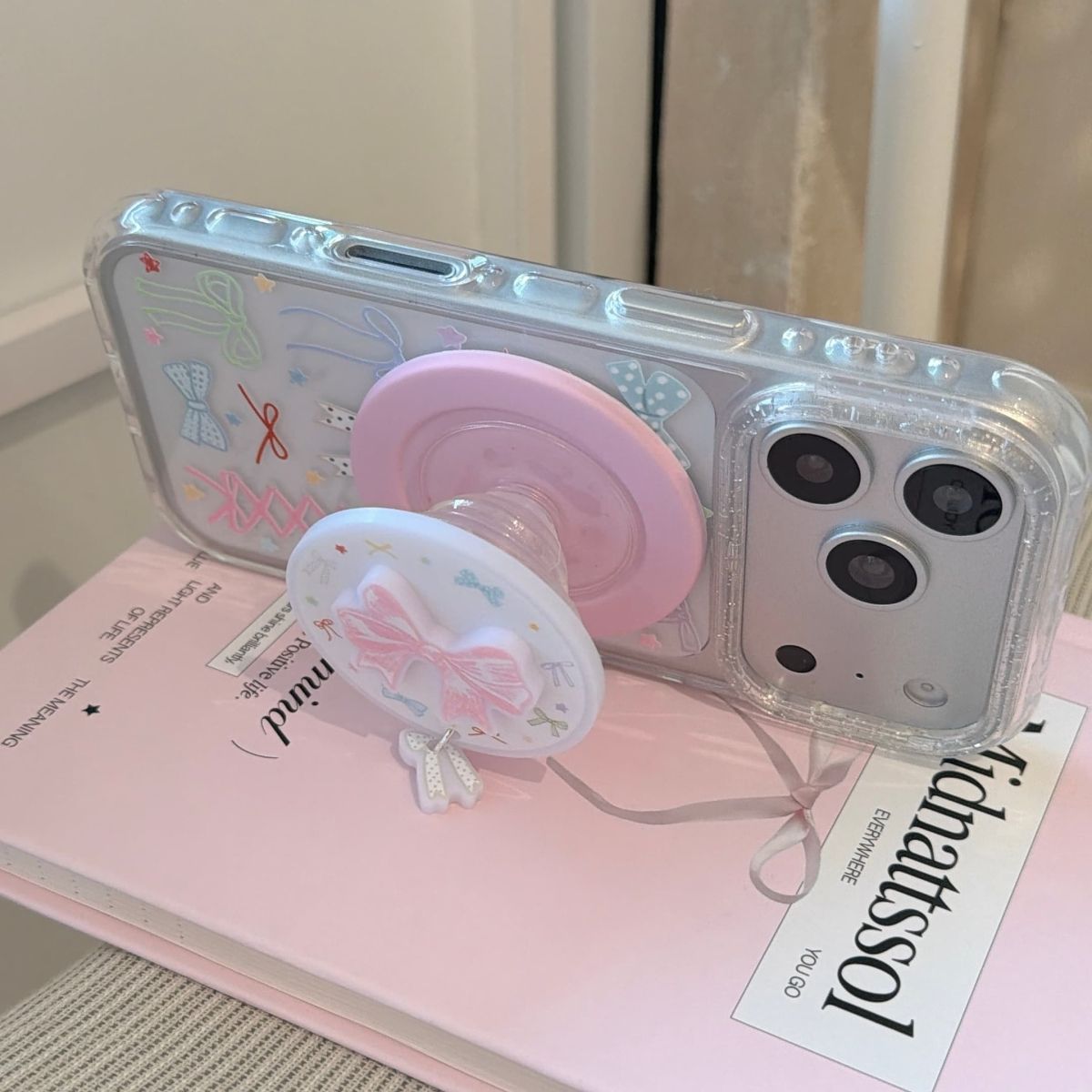 Cute Bow Aesthetic Phone Cover with Grip – Pastel Transparent Designer Case