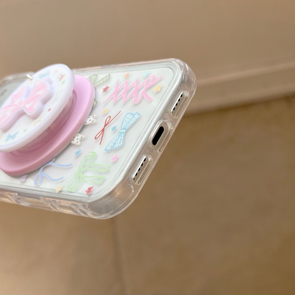 Cute Bow Aesthetic Phone Cover with Grip – Pastel Transparent Designer Case