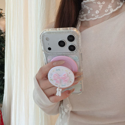 Cute Bow Aesthetic Phone Cover with Grip – Pastel Transparent Designer Case