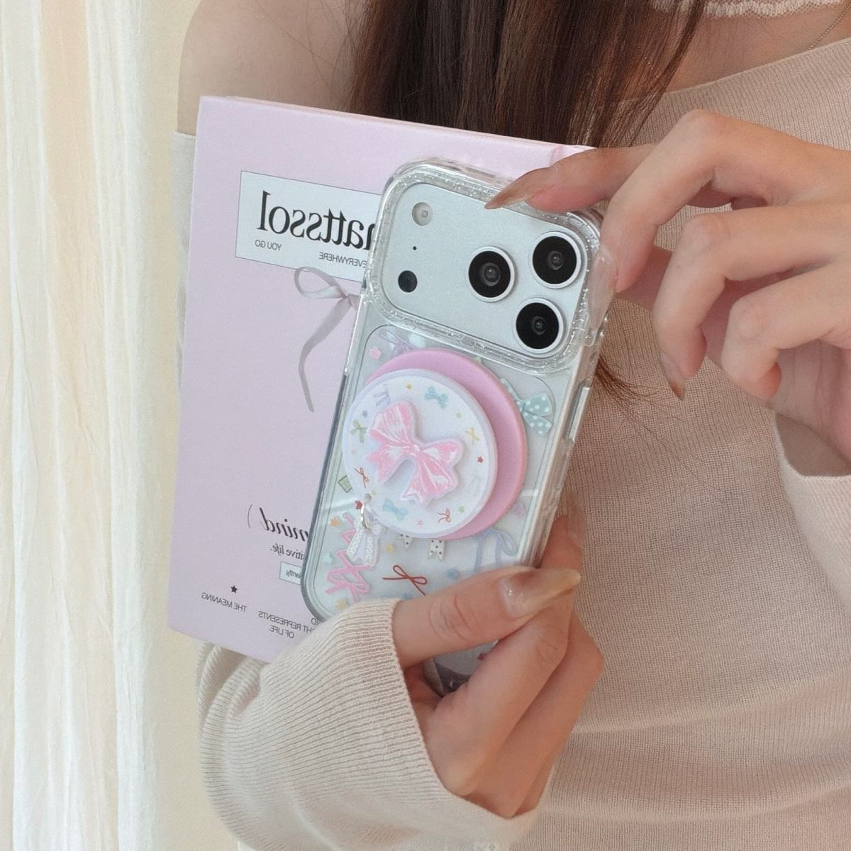 Cute Bow Aesthetic Phone Cover with Grip – Pastel Transparent Designer Case