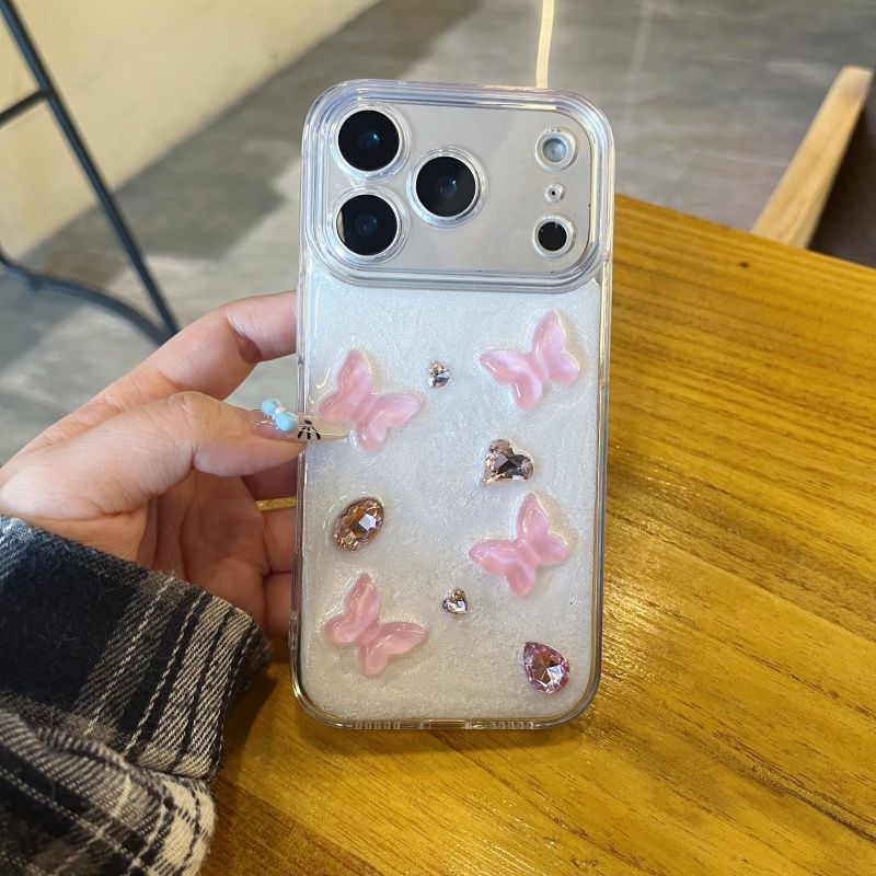 Cute Pink Butterfly Transparent Mobile Cover – Soft Aesthetic Floral Case