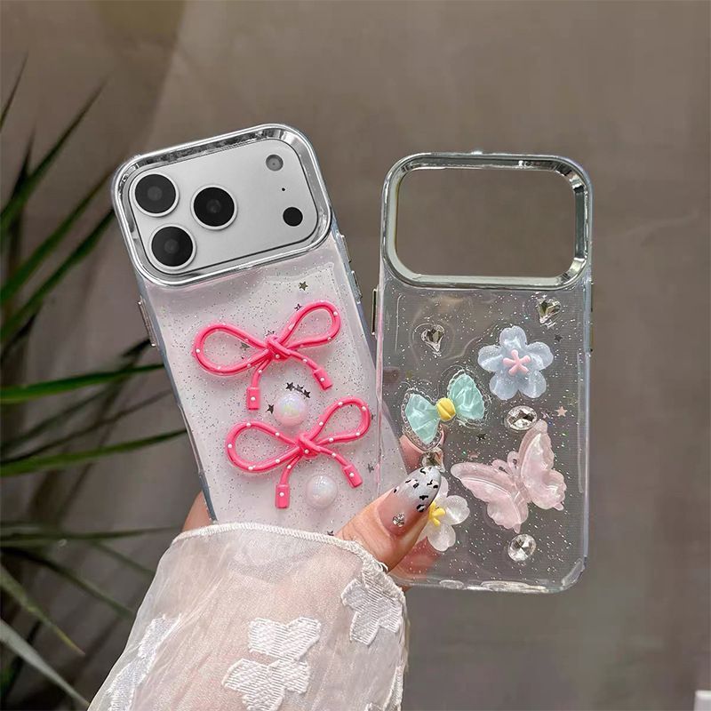 Cute Bow & Butterfly Transparent Mobile Cover – Glitter Aesthetic Soft Case
