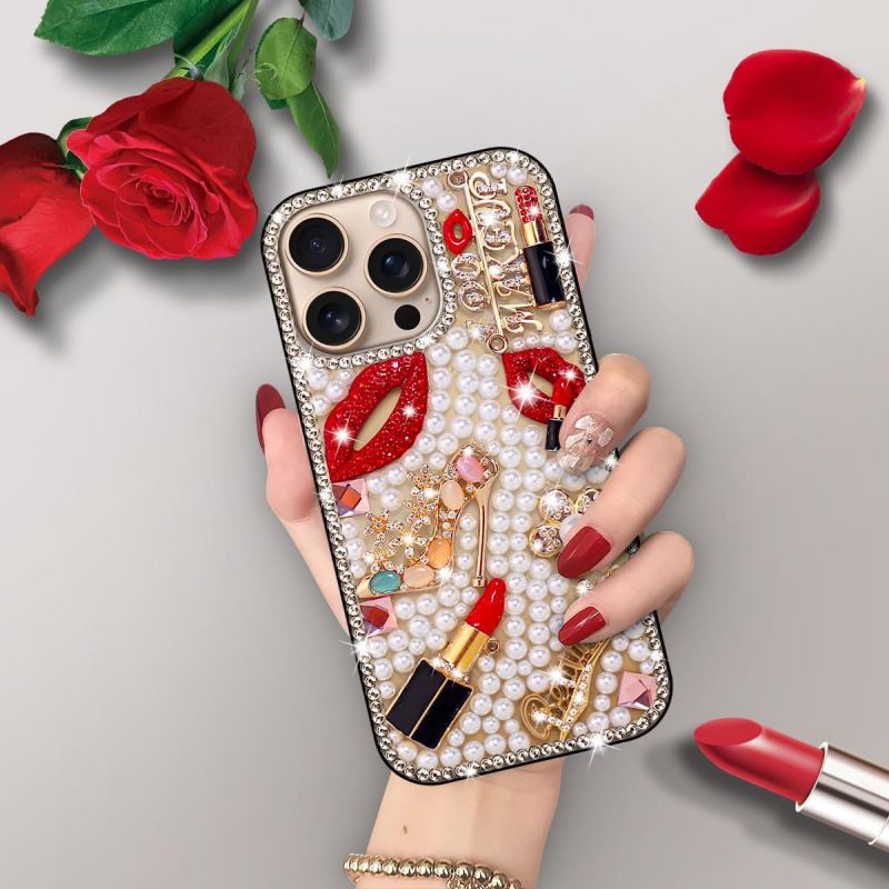 Luxury Pearl Makeup Mobile Cover – Bling Designer Case with Lipstick & Diamond Elements