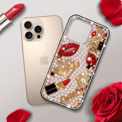 Luxury Pearl Makeup Mobile Cover – Bling Designer Case with Lipstick & Diamond Elements